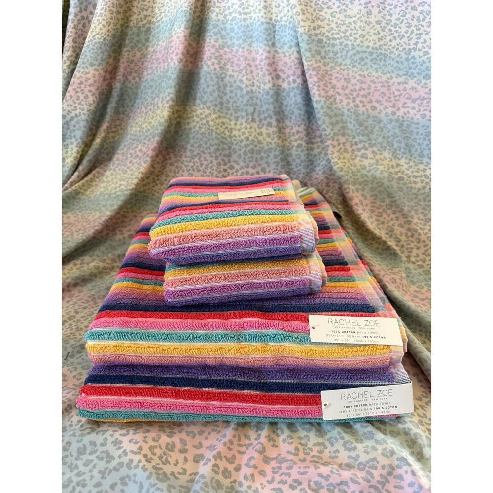 Rachel Zoe 100% Cotton Rainbow Stripe Bath & Hand Towel Set Colorful Luxury